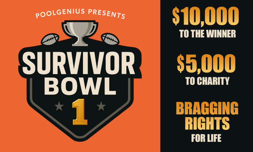 The PoolGenius Survivor Bowl 1 is an invite-only NFL Survivor Contest that unites football media, fantasy, and betting experts to compete for $10K, with $5K going to charity.
